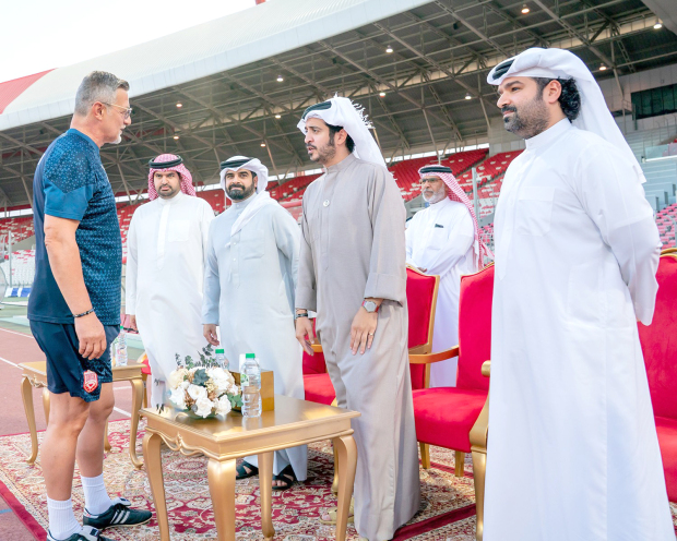 <p>Supreme Council for Youth and Sport first deputy chairman, General Sports Authority (GSA) chairman, and Bahrain Olympic Committee (BOC) president Shaikh Khalid bin Hamad Al Khalifa visited the national team’s training session last night at the National Stadium in Riffa. </p><p>Shaikh Khalid was accompanied by GSA deputy chairman Shaikh Salman bin Mohammed Al Khalifa, BOC vice-president Shaikh Isa bin Ali bin Khalifa Al Khalifa, and Bahrain Football Association vice president Shaikh Khalifa bin Ali bin Isa Al Khalifa. </p><p>Shaikh Khalid spoke with the players and staff and wished them the best in tonight’s match against Saudi Arabia in the third round of Asian qualifiers for the Fifa World Cup 2026. </p><p>Above, Bahrain head coach Dragan Talajic welcomes Shaikh Khalid to the training session</p>